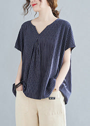 Modern Navy Blue V Neck Striped Top Short Sleeve
