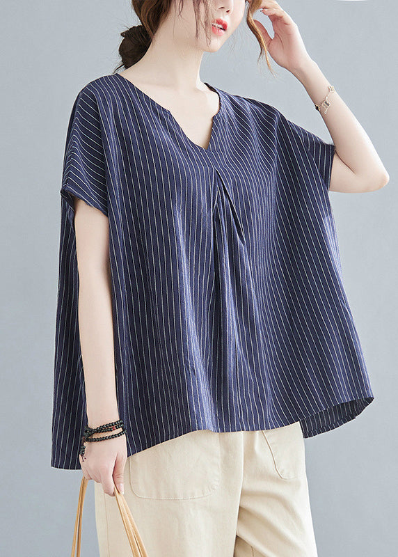 Modern Navy Blue V Neck Striped Top Short Sleeve