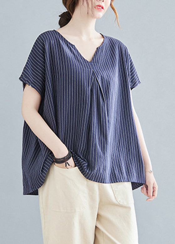Modern Navy Blue V Neck Striped Top Short Sleeve