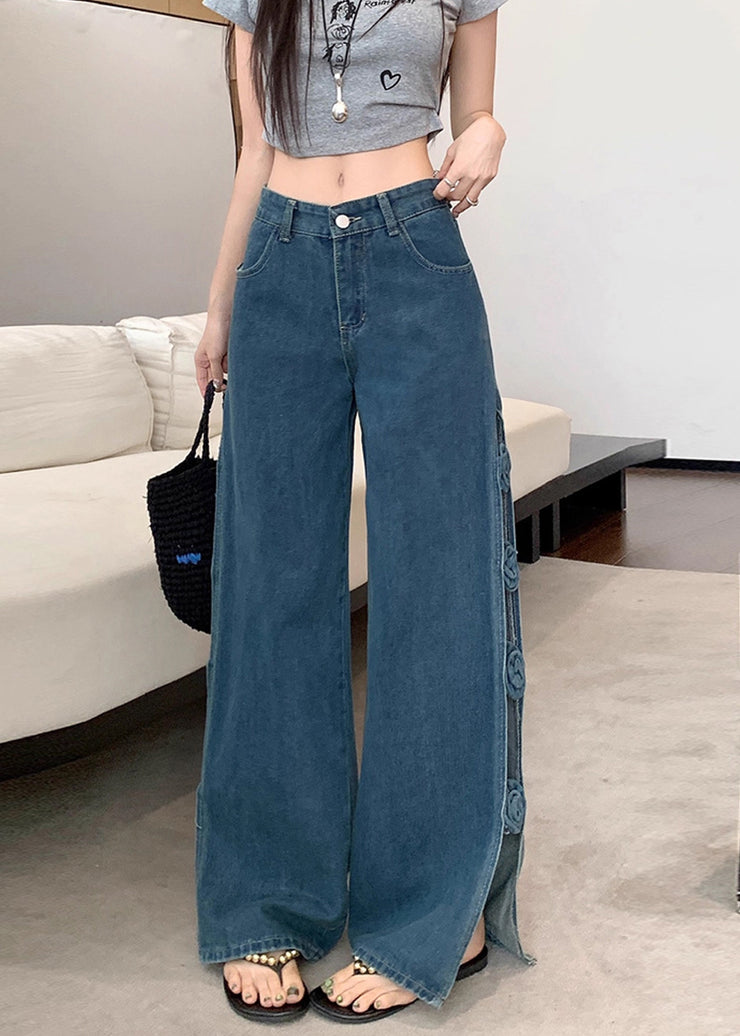 Modern Navy Hollow Out Patchwork Flower Decorated Denim Pants Fall