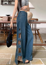 Modern Navy Hollow Out Patchwork Flower Decorated Denim Pants Fall