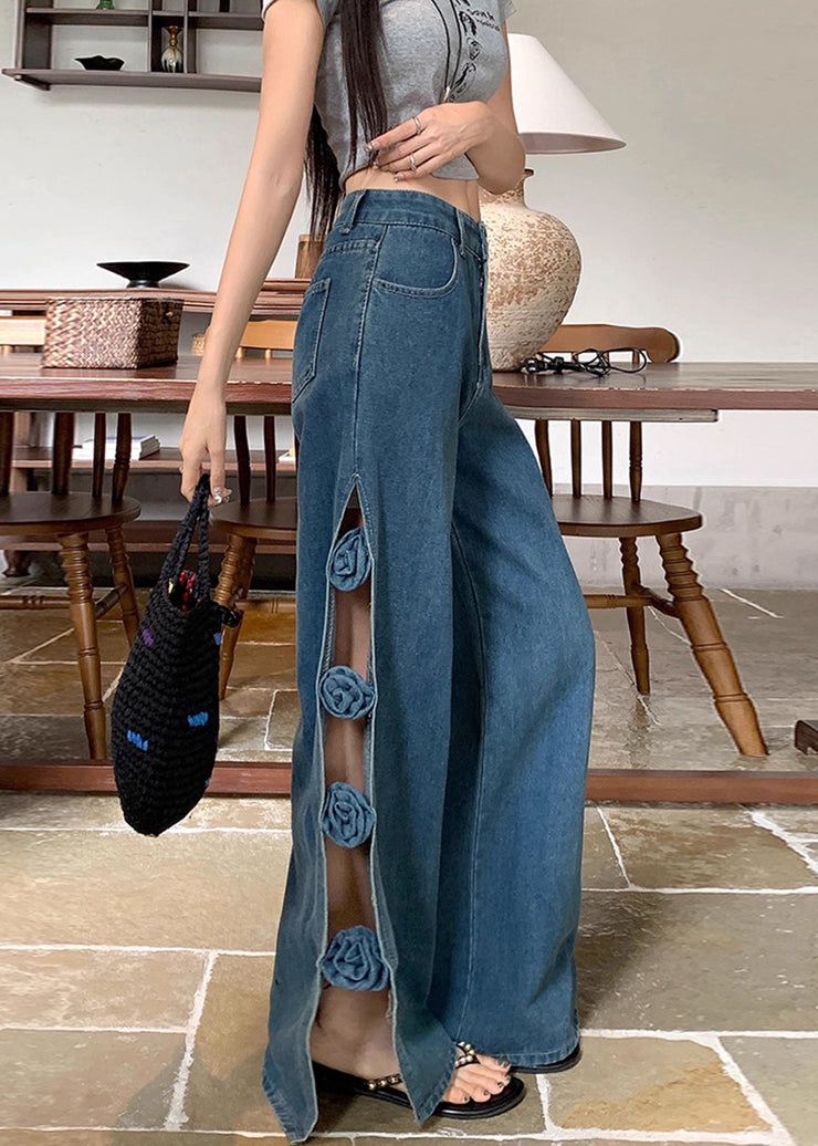 Modern Navy Hollow Out Patchwork Flower Decorated Denim Pants Fall