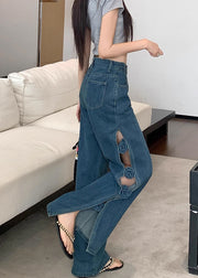 Modern Navy Hollow Out Patchwork Flower Decorated Denim Pants Fall