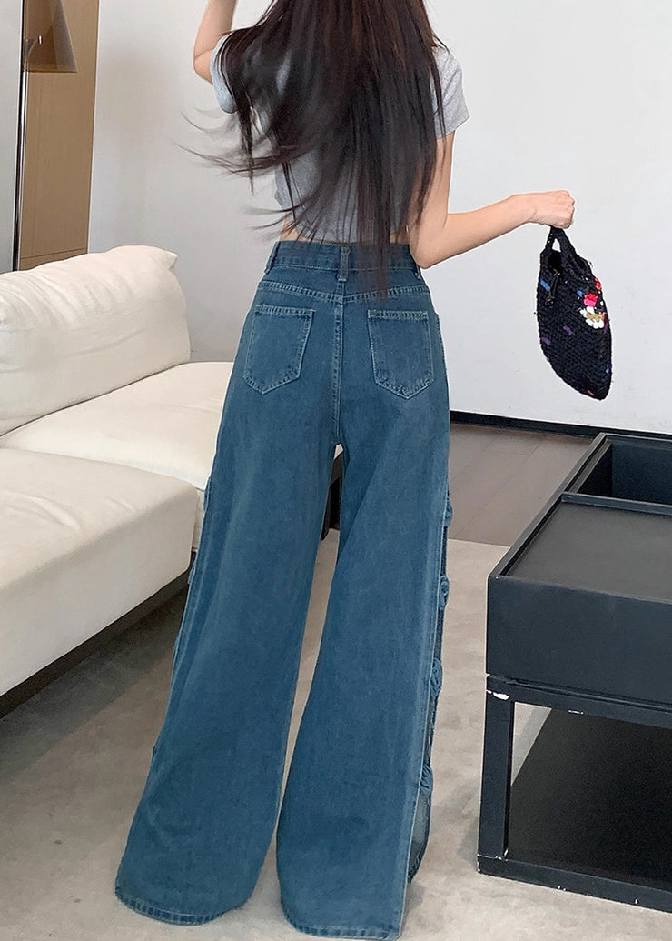 Modern Navy Hollow Out Patchwork Flower Decorated Denim Pants Fall