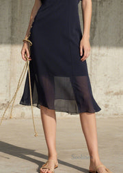 Modern Navy Sailor Collar Chiffon Long Dresses Summer
