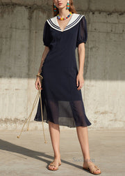 Modern Navy Sailor Collar Chiffon Long Dresses Summer