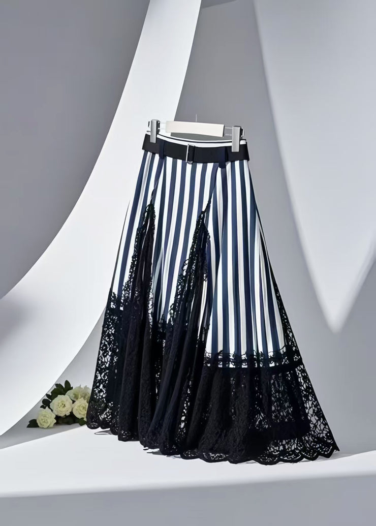 Modern Navy Striped Patchwork Lace Skirt Summer