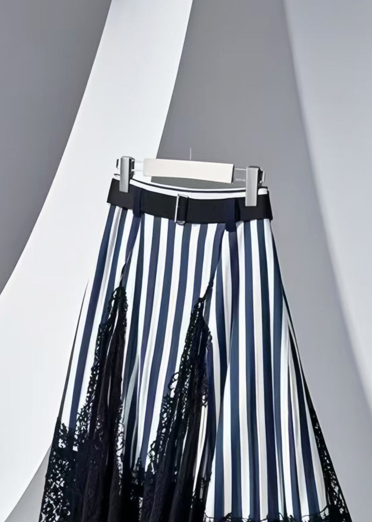 Modern Navy Striped Patchwork Lace Skirt Summer