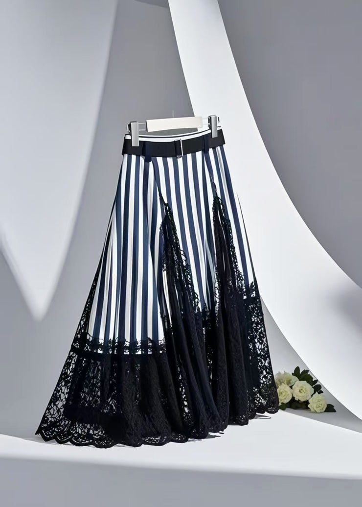 Modern Navy Striped Patchwork Lace Skirt Summer