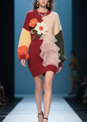 Modern O-Neck Ruffled Floral Knit Long Knit Dress Winter