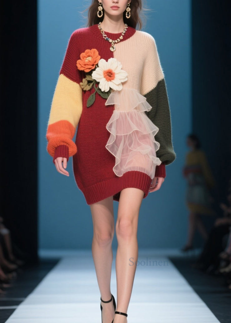 Modern O-Neck Ruffled Floral Knit Long Knit Dress Winter
