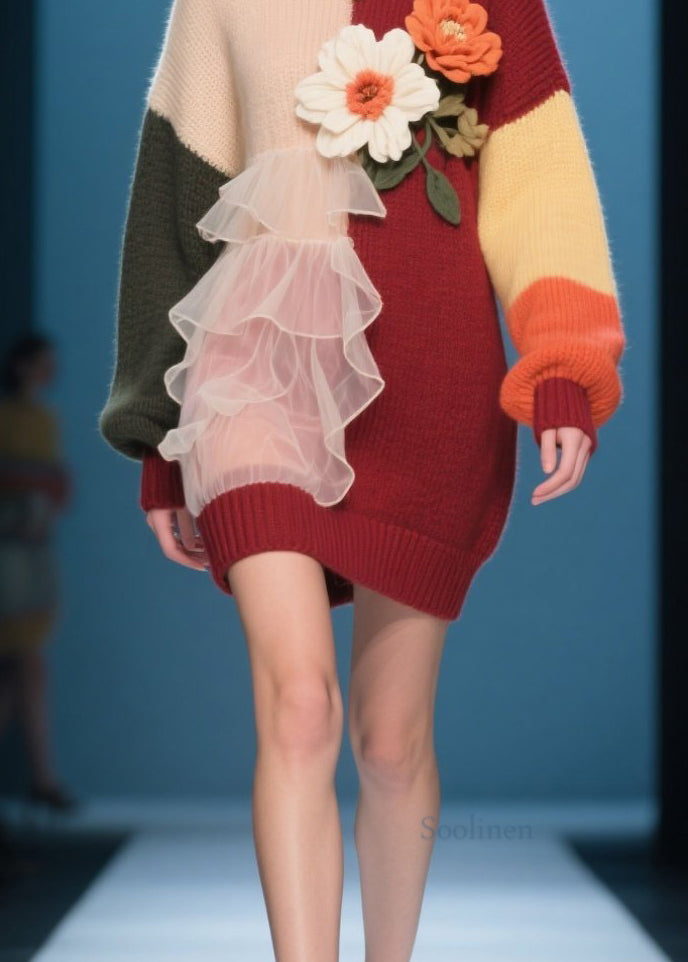 Modern O-Neck Ruffled Floral Knit Long Knit Dress Winter
