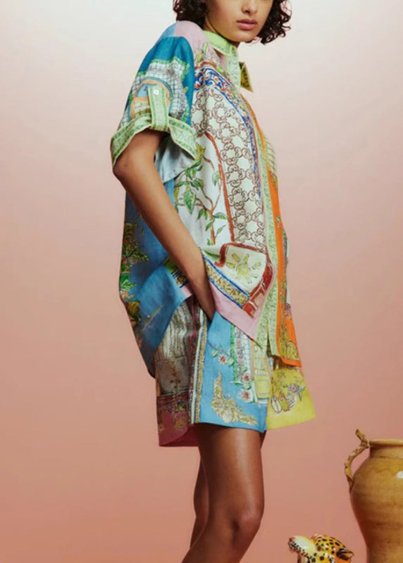 Modern Peter Pan Collar Button Shirts And Shorts Two-Piece Set Summer
