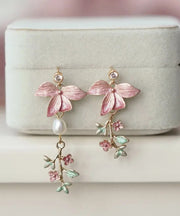 Modern Pink Copper Overgild Pearl Floral Drop Earrings