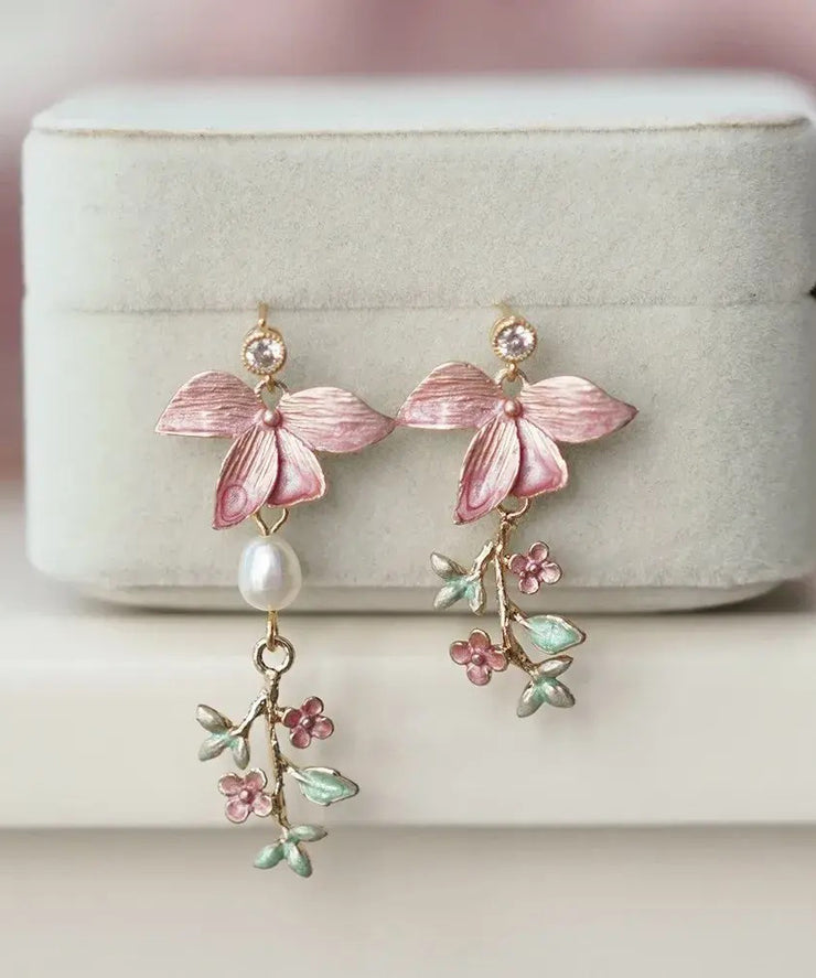 Modern Pink Copper Overgild Pearl Floral Drop Earrings
