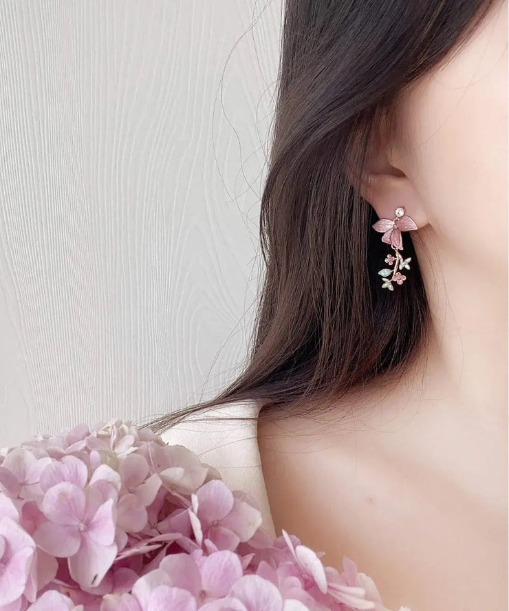 Modern Pink Copper Overgild Pearl Floral Drop Earrings