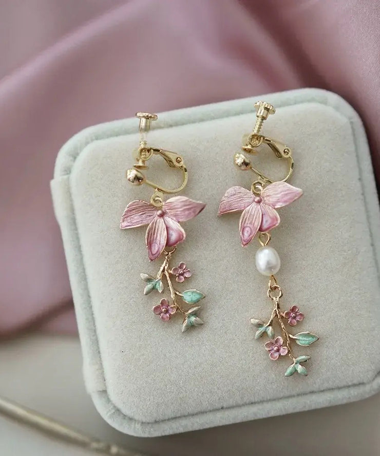 Modern Pink Copper Overgild Pearl Floral Drop Earrings