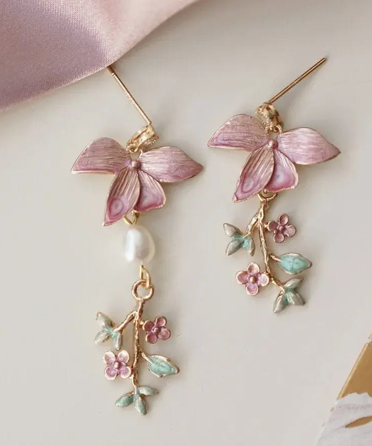 Modern Pink Copper Overgild Pearl Floral Drop Earrings