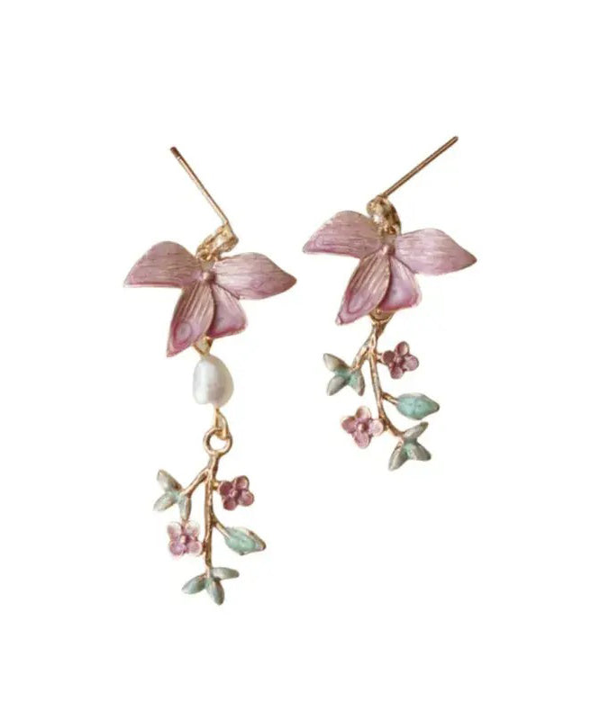 Modern Pink Copper Overgild Pearl Floral Drop Earrings