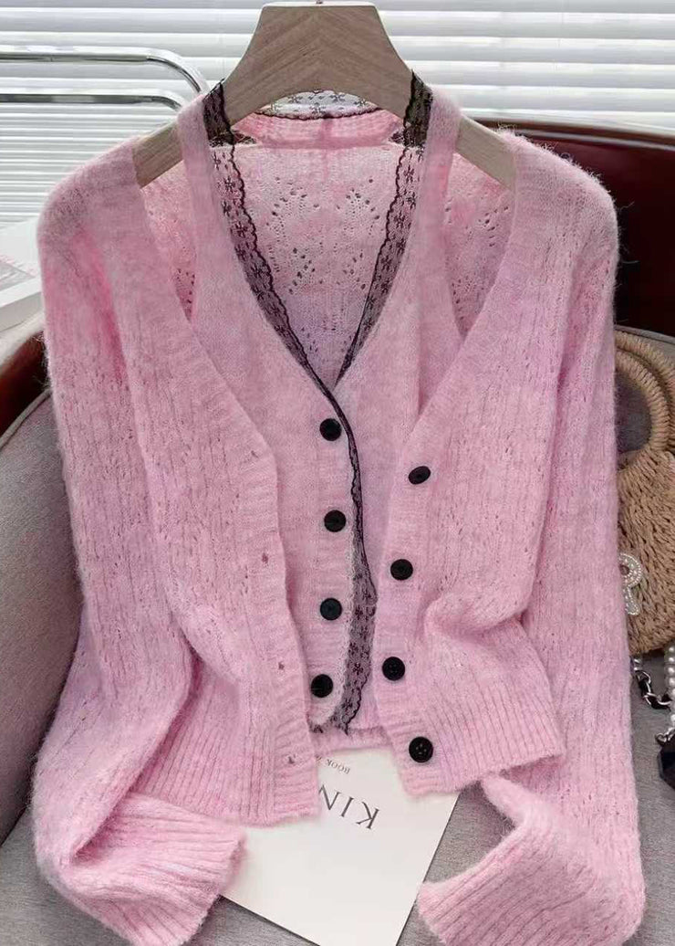 Modern Pink Lace Patchwork False Two Pieces Knit Sweaters Fall