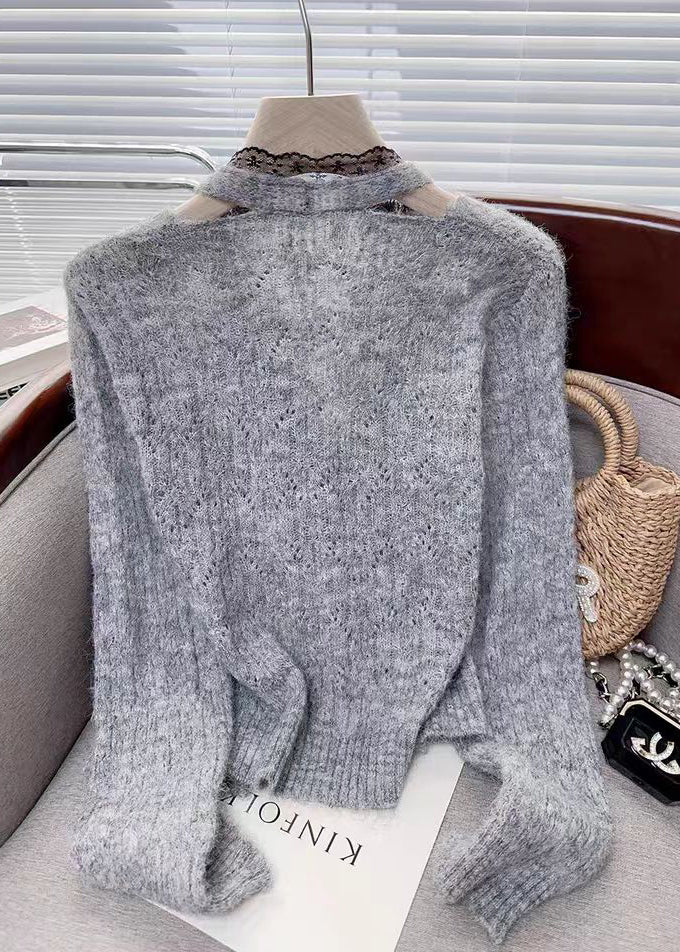 Modern Pink Lace Patchwork False Two Pieces Knit Sweaters Fall