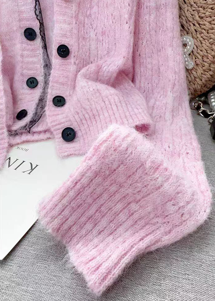 Modern Pink Lace Patchwork False Two Pieces Knit Sweaters Fall