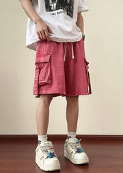 Modern Pink Pockets Elastic Waist Denim Men Shorts Summer