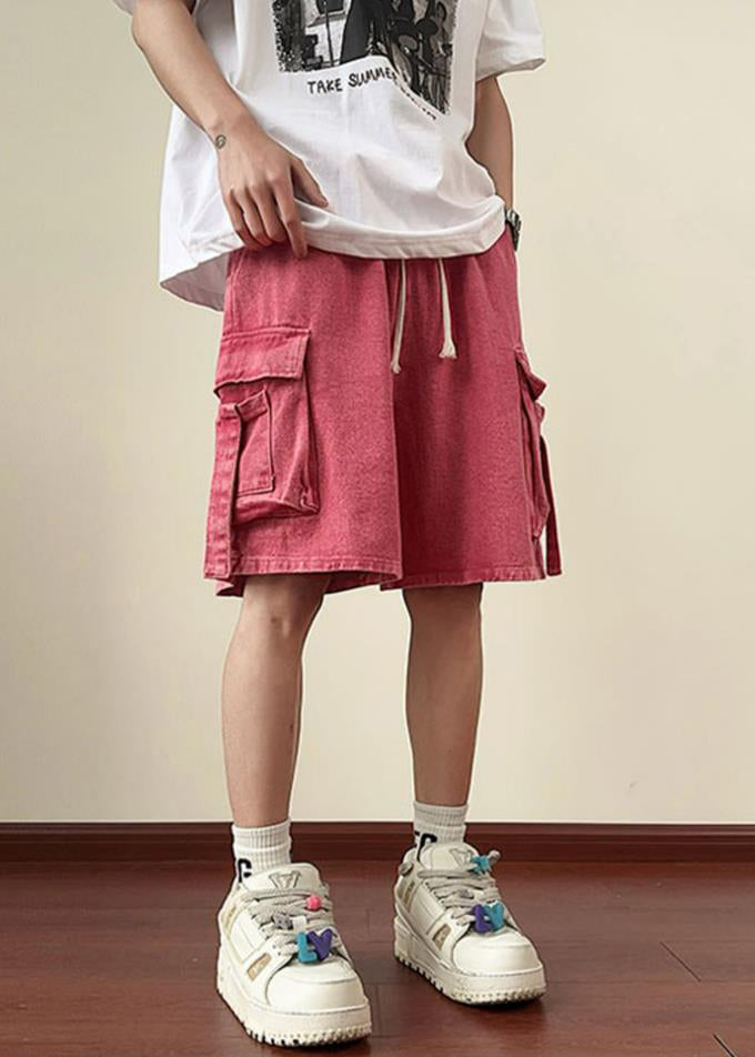 Modern Pink Pockets Elastic Waist Denim Men Shorts Summer