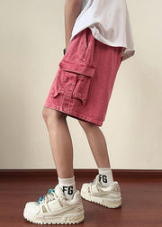 Modern Pink Pockets Elastic Waist Denim Men Shorts Summer