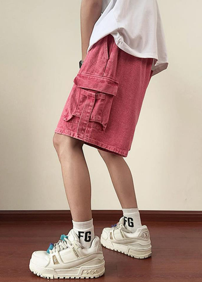 Modern Pink Pockets Elastic Waist Denim Men Shorts Summer