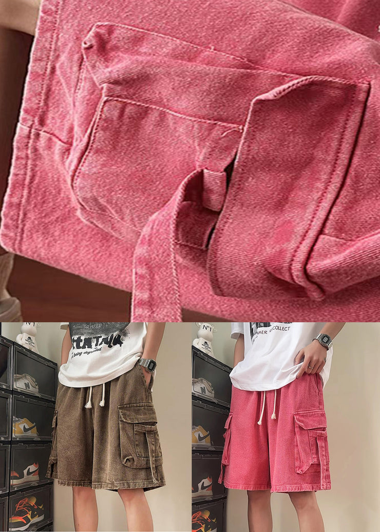 Modern Pink Pockets Elastic Waist Denim Men Shorts Summer