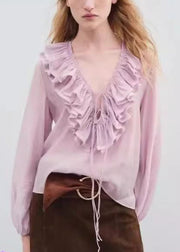 Modern Pink Ruffled Drawstring Tops Lantern Sleeve