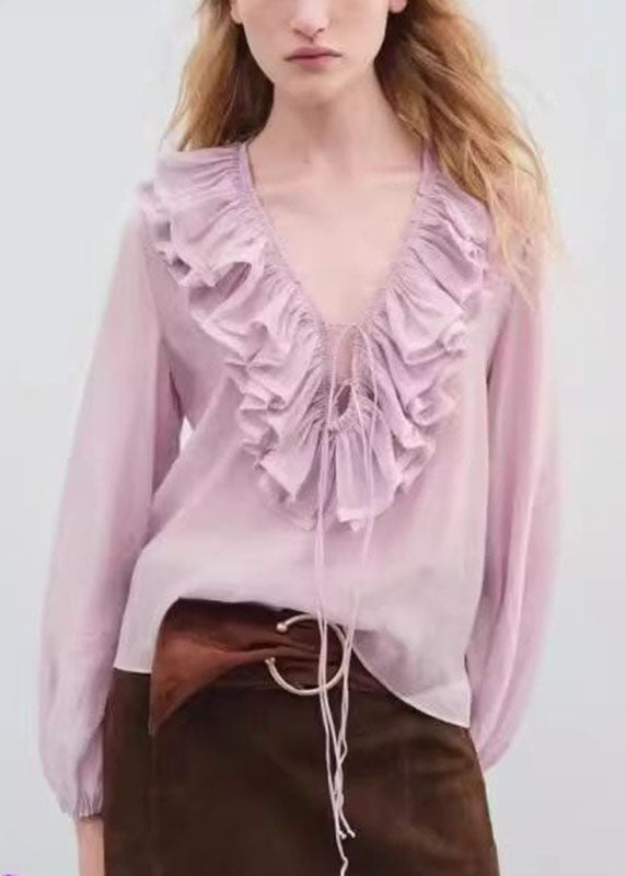 Modern Pink Ruffled Drawstring Tops Lantern Sleeve