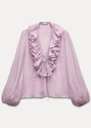 Modern Pink Ruffled Drawstring Tops Lantern Sleeve