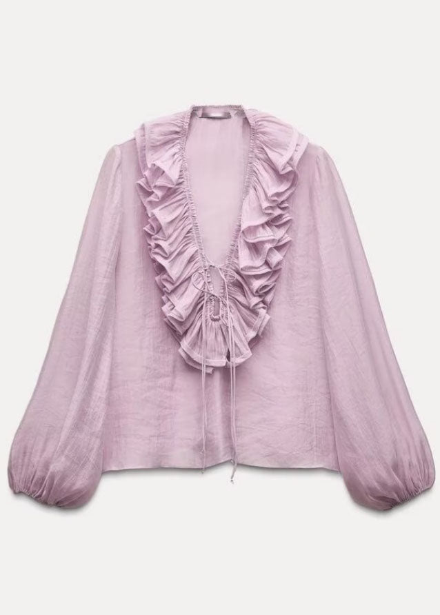 Modern Pink Ruffled Drawstring Tops Lantern Sleeve