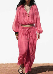 Modern Pink Ruffled Patchwork Cotton Two Pieces Set Fall