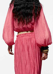 Modern Pink Ruffled Patchwork Cotton Two Pieces Set Fall