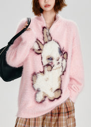 Modern Pink Stand Collar Cute Rabbit Fuzzy Fur Fluffy Sweater Tops Winter