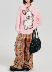 Modern Pink Stand Collar Cute Rabbit Fuzzy Fur Fluffy Sweater Tops Winter