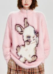Modern Pink Stand Collar Cute Rabbit Fuzzy Fur Fluffy Sweater Tops Winter