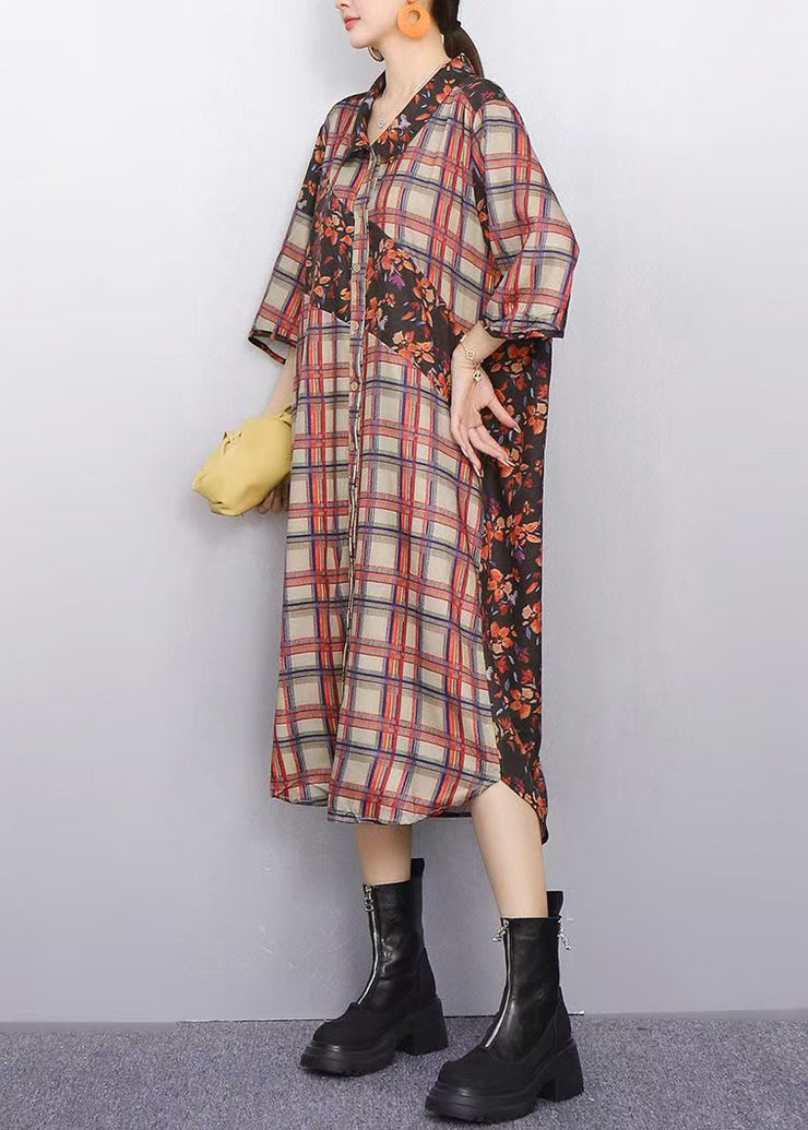 Modern Plaid Flower Patchwork Chiffon Shirt Dress Bracelet Sleeve