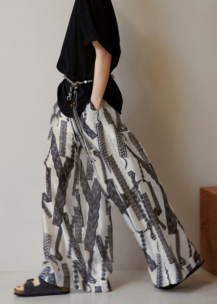 Modern Pockets Print Elastic Waist Cotton Wide Leg Pants Summer