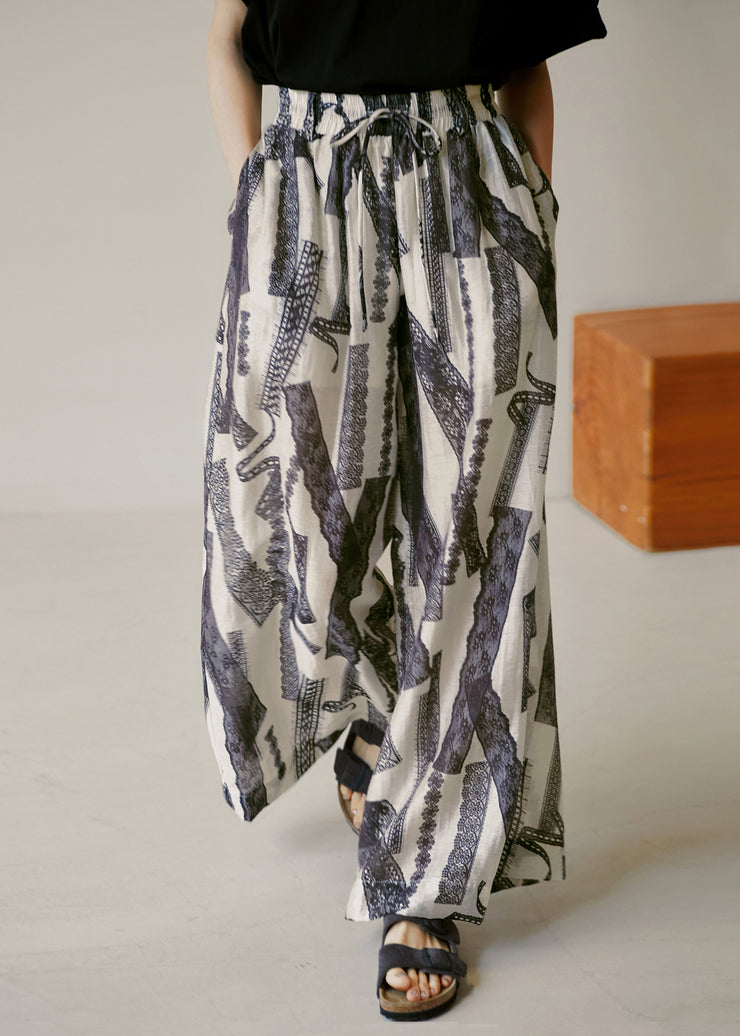 Modern Pockets Print Elastic Waist Cotton Wide Leg Pants Summer