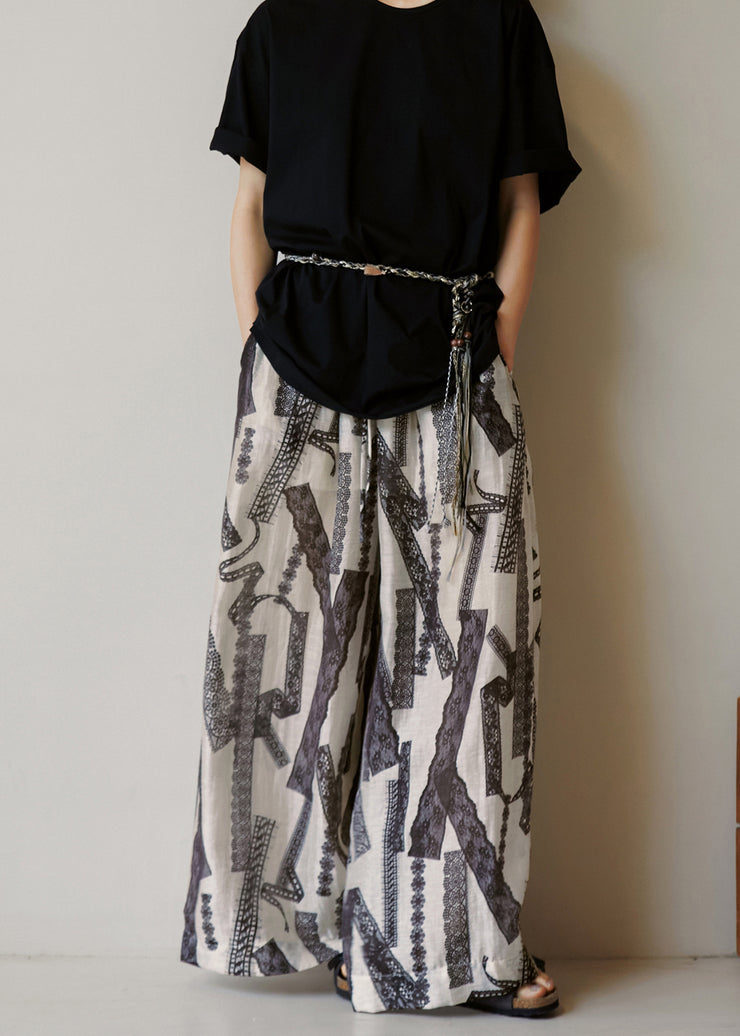 Modern Pockets Print Elastic Waist Cotton Wide Leg Pants Summer