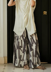 Modern Pockets Print Elastic Waist Cotton Wide Leg Pants Summer