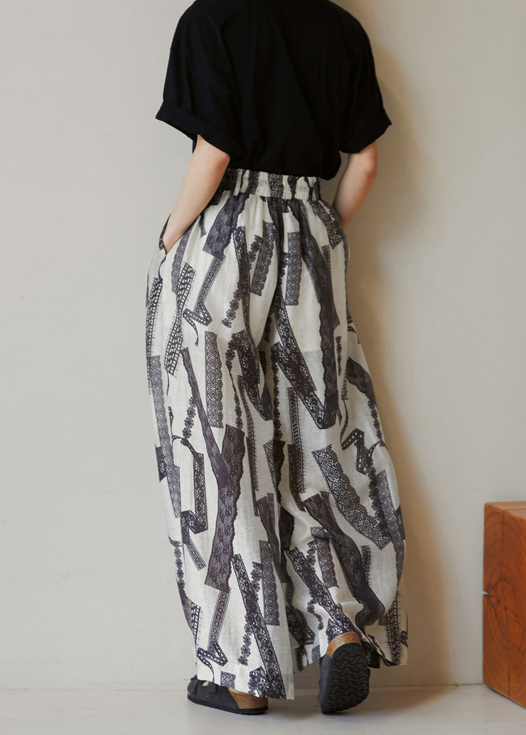 Modern Pockets Print Elastic Waist Cotton Wide Leg Pants Summer