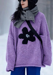 Modern Purple O Neck Jacquard Sweater Tops Winter