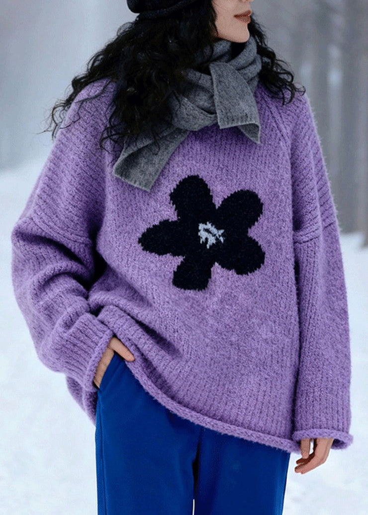 Modern Purple O Neck Jacquard Sweater Tops Winter