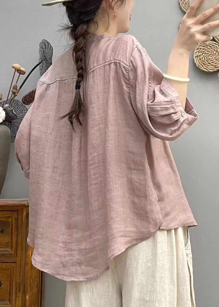 Modern Purple Oversized Linen Blouse Tops Bracelet Sleeve