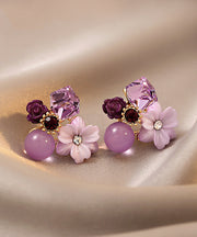 Modern Purple Stergild Silver Overgild Crystal Petal Stud Earrings